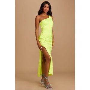Lulus Chasing Desire Neon Yellow Satin Floral Jacquard One-Shoulder Maxi Dress M